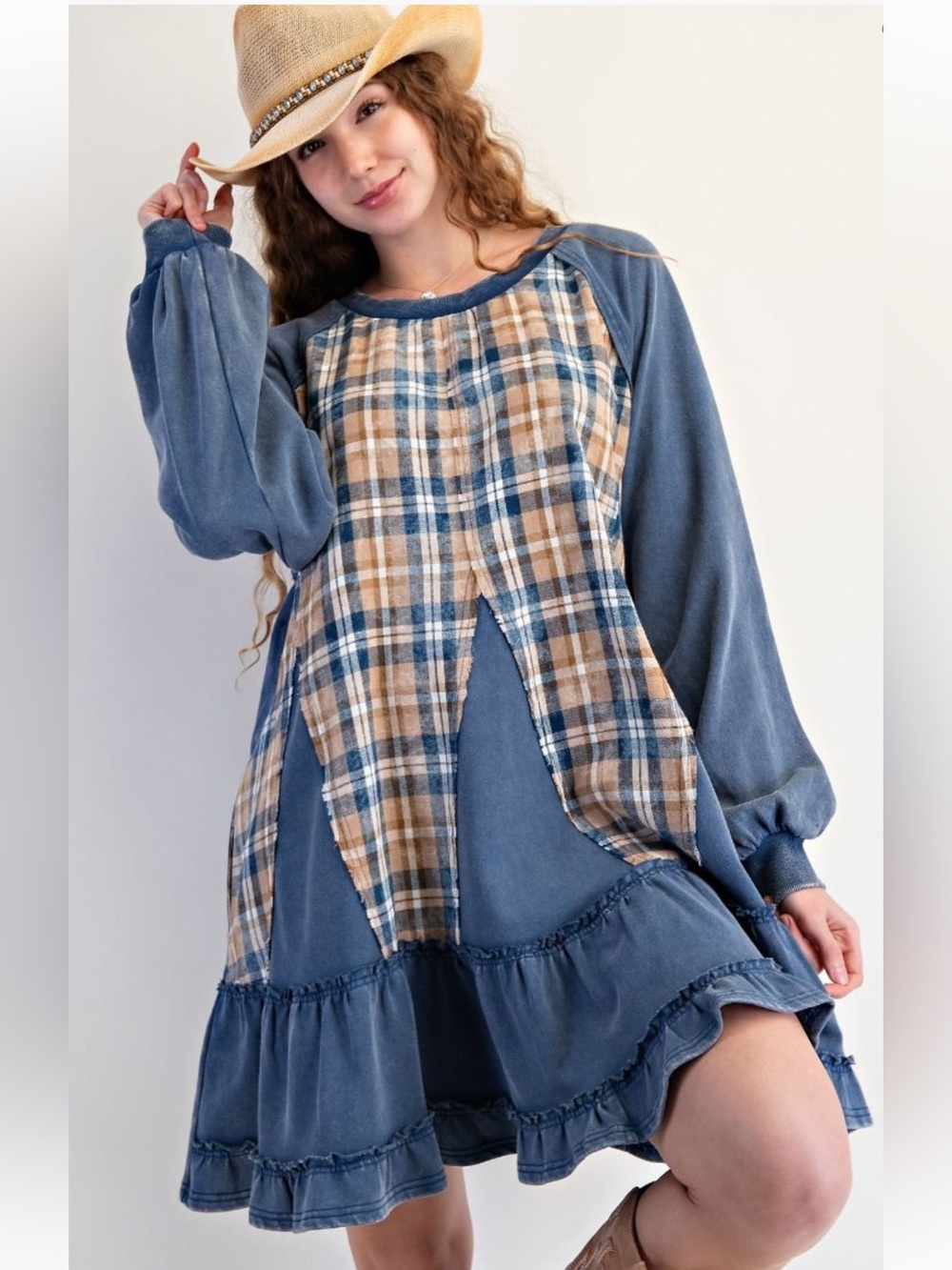352 small - 3X EASEL PLAID MIX WASHED TERRY DRESS